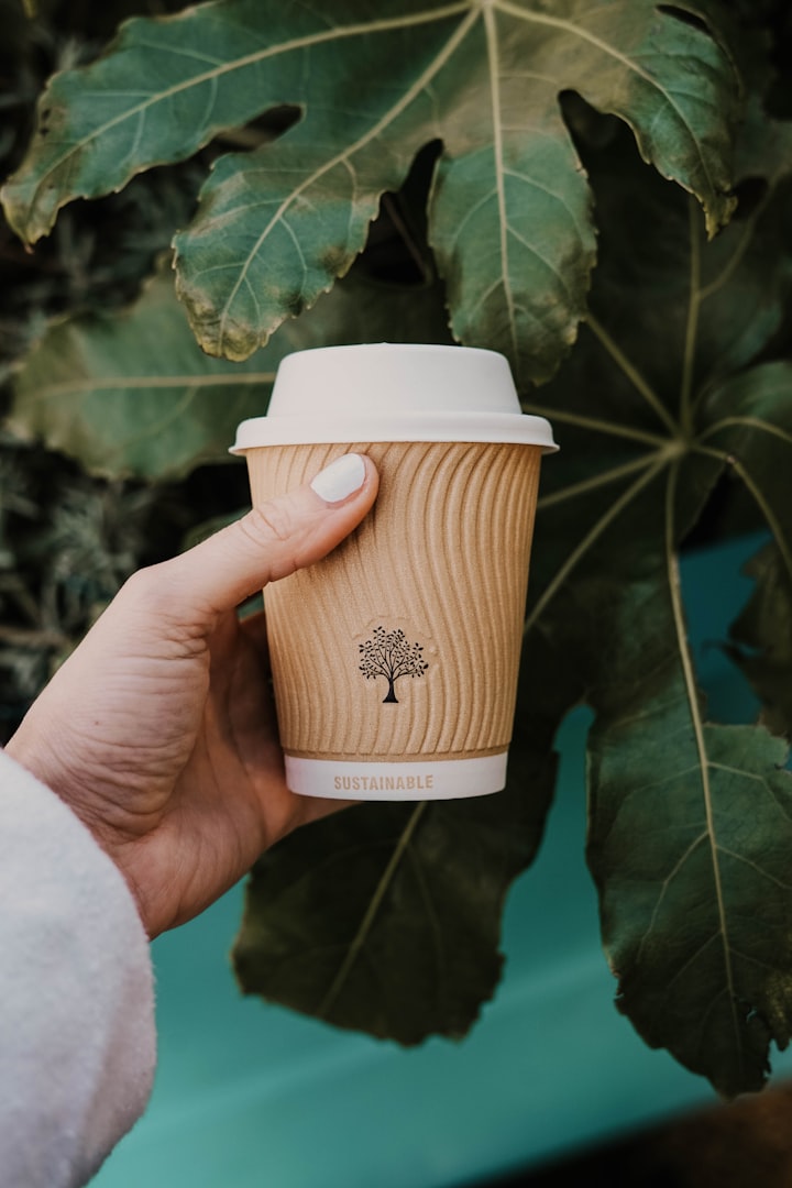 Hand håller en pappersmugg med ingraverat träd och ordet sustainable, framför en kaffeplanta.